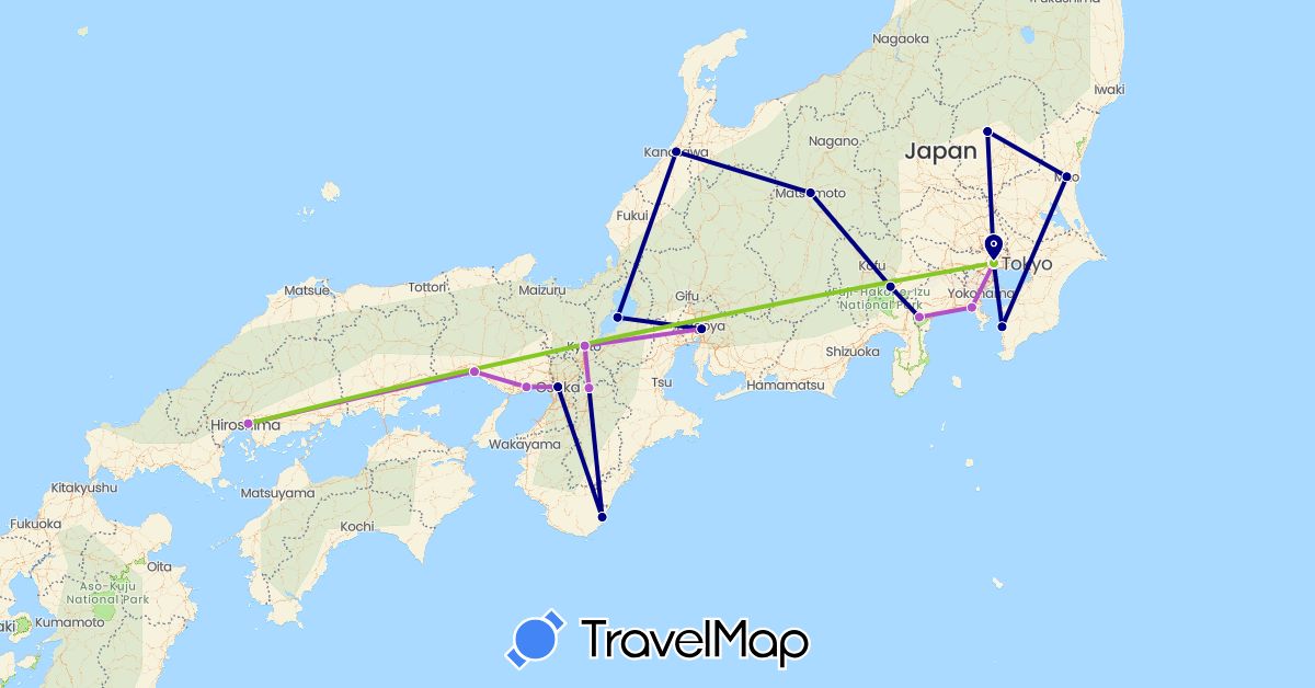 TravelMap itinerary: driving, train, electric vehicle in Japan (Asia)